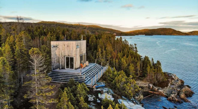 When prime waterfront property wasn’t an option, this couple built a cabin inspired by an old school fire watchtower